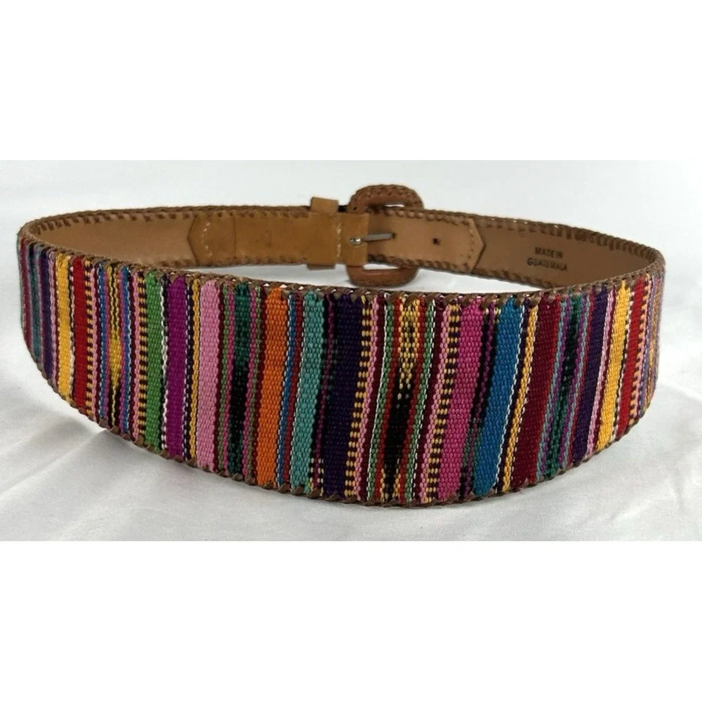 Vtg Lands End Wide Serape Woven Leather Belt Womens Sz 30 Colorful Stripe Boho